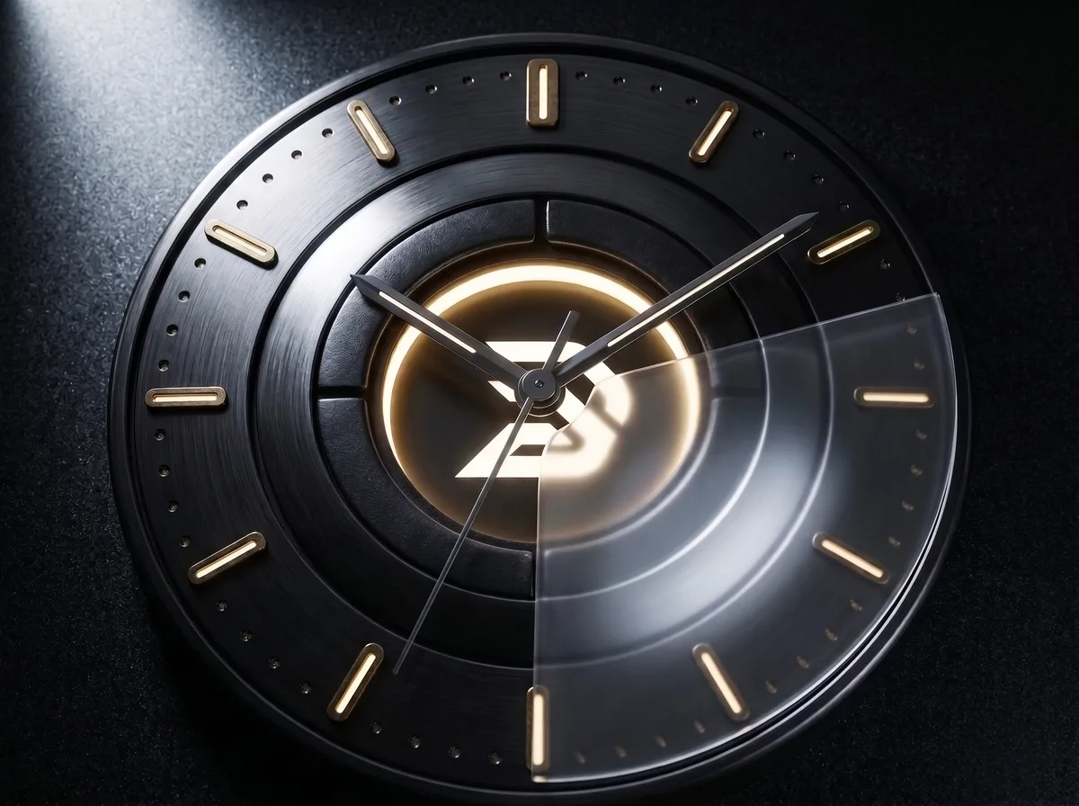 A dark, brushed-metal clock with a glowing centre