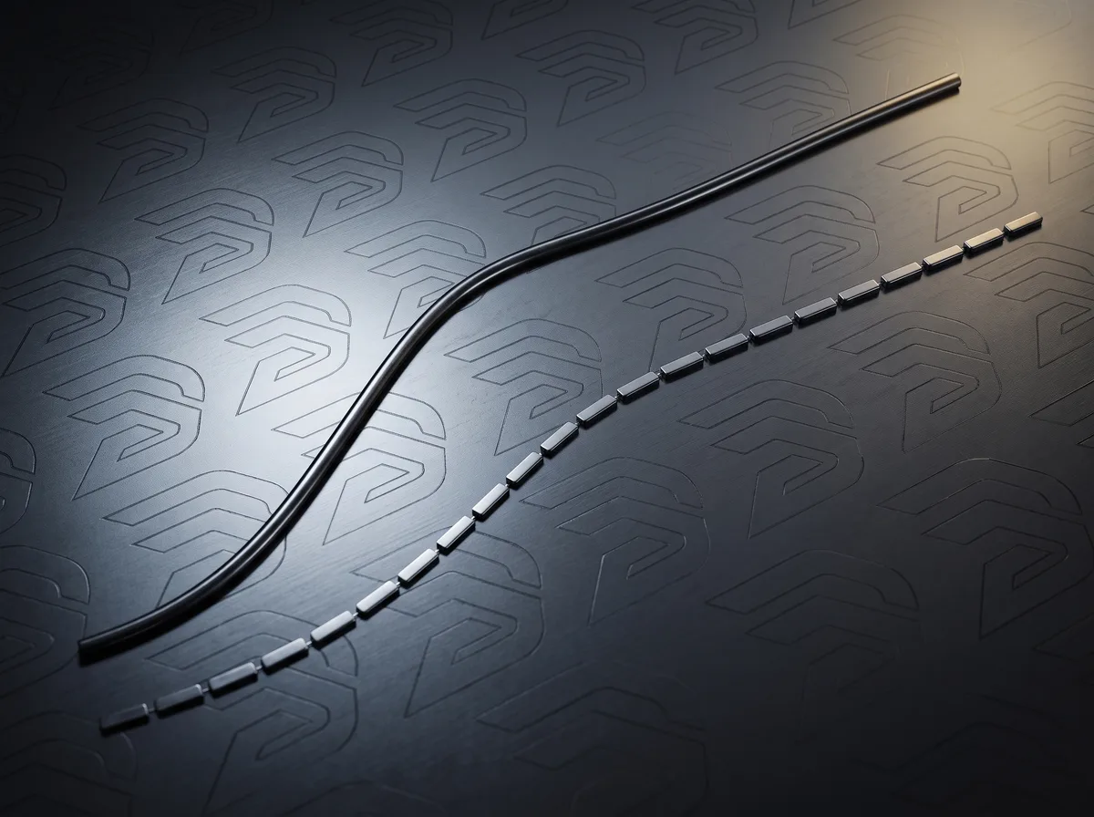 Two curved lines on a dark engraved surface, one pulling ahead of the other