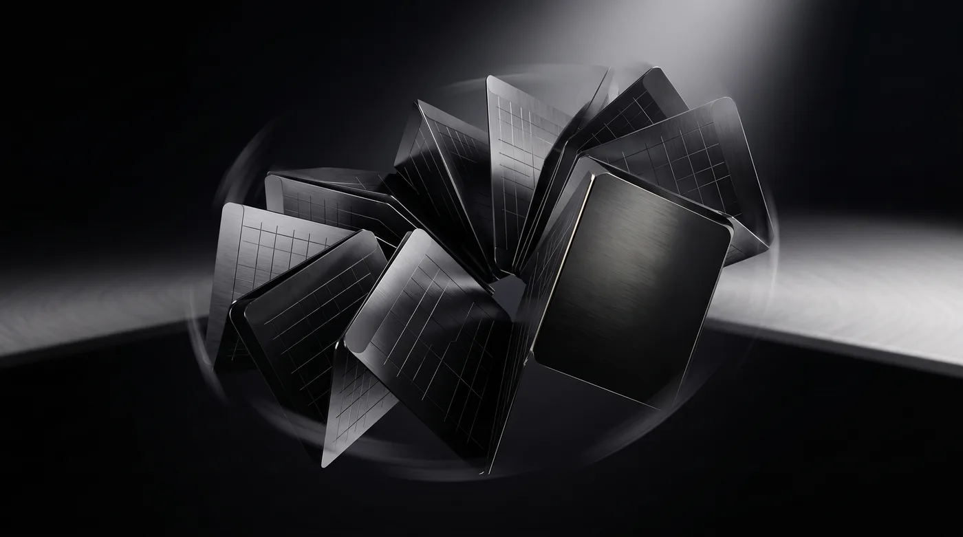 A spotlit cluster of dark, grid-etched panels fanned out on a black surface