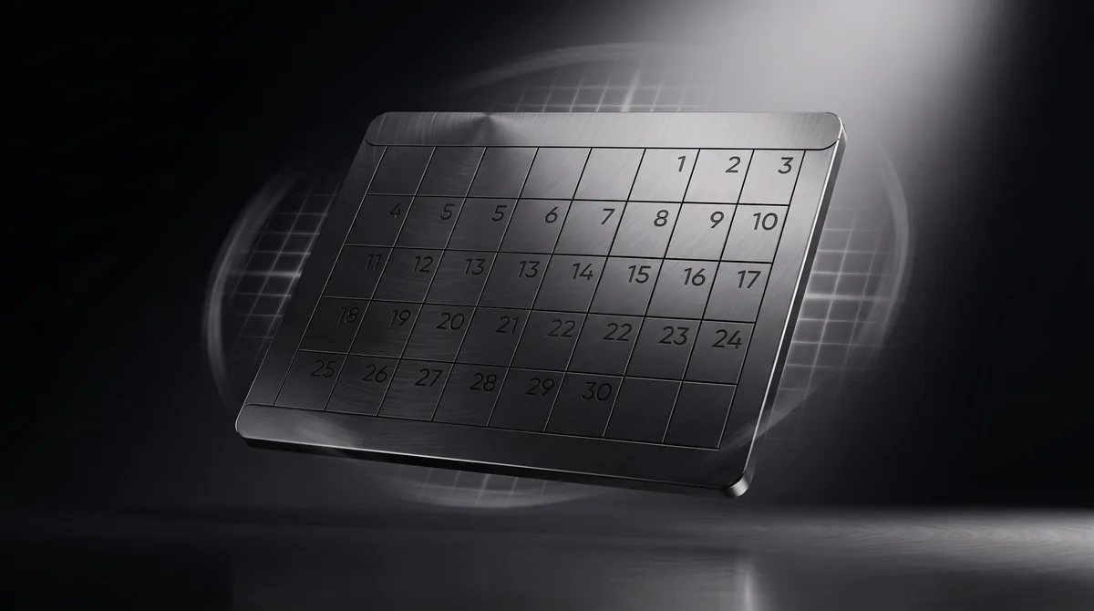 A metallic monthly calendar tile lit from the side in the dark