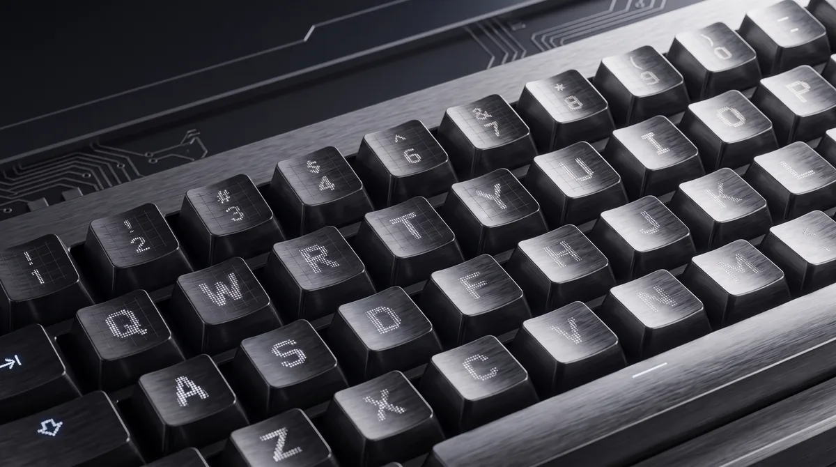 A close-up of a dark, brushed-metal keyboard with circuit traces
