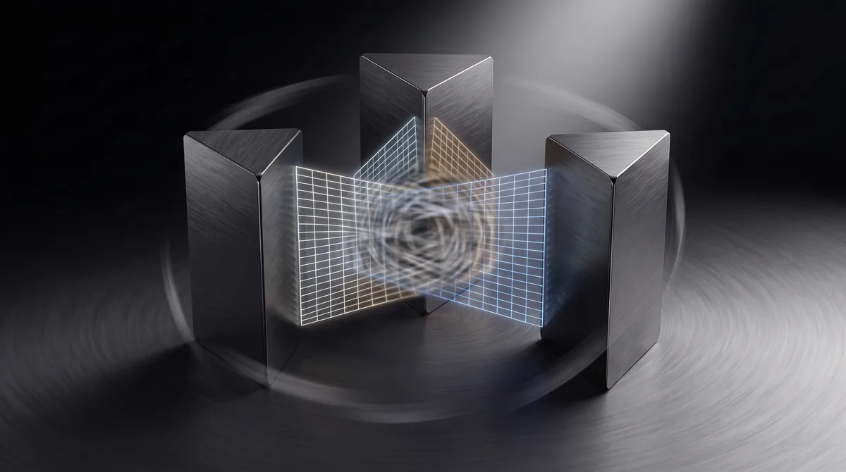 Three metal prisms each projecting a differently coloured grid toward one centre