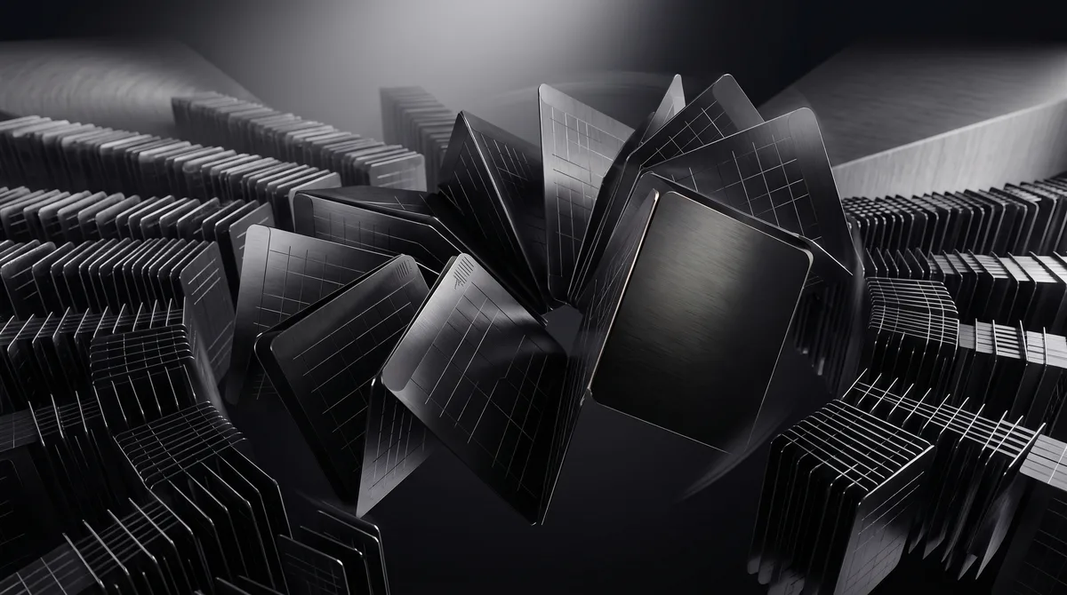 A spotlit burst of dark grid-etched panels erupting from rows of stacked sheets